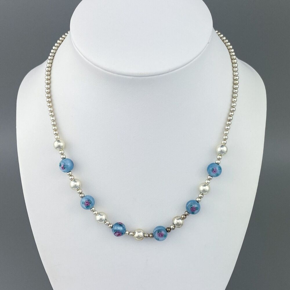 Blue Floral Glass Beaded Necklace | Vintage Jordan Sterling Silver 925 | 16"-18"